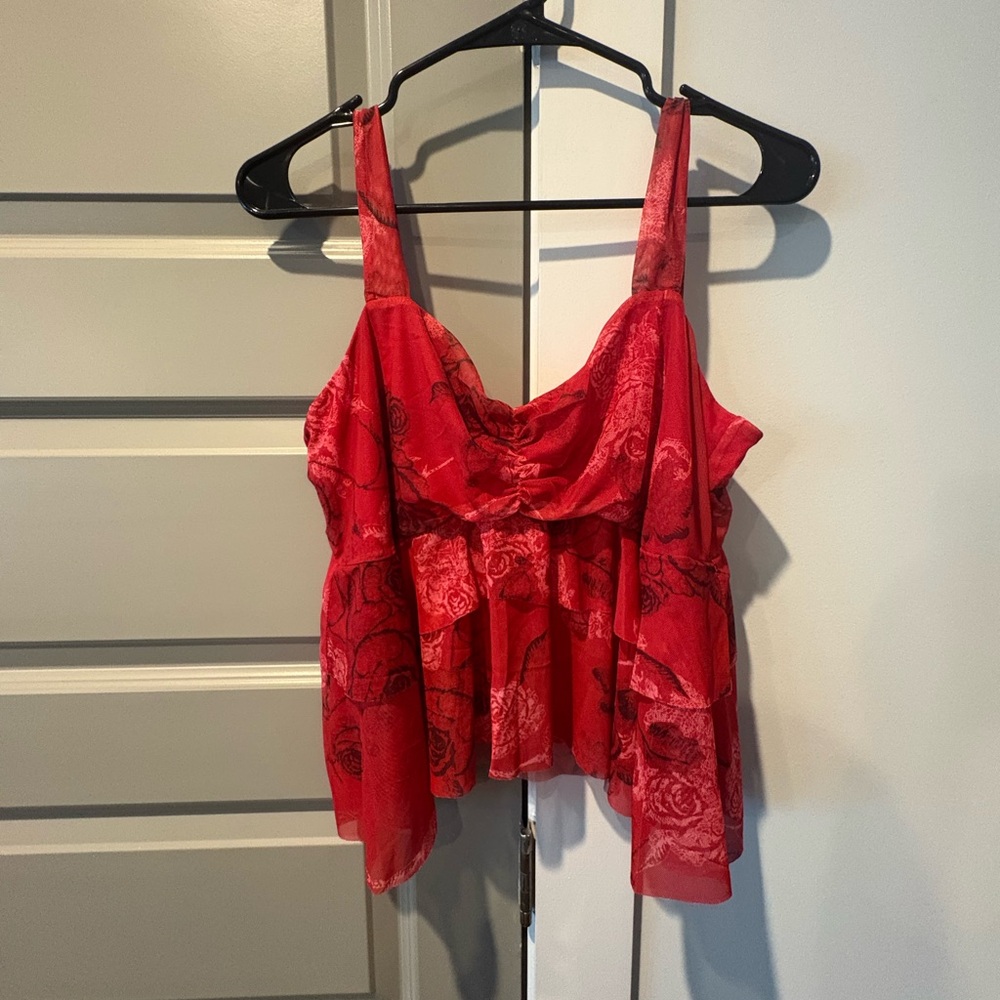 Red Floral Mesh 2-Piece Matching Set – Cowl Tank + Ruffle Mini Skirt (XL)